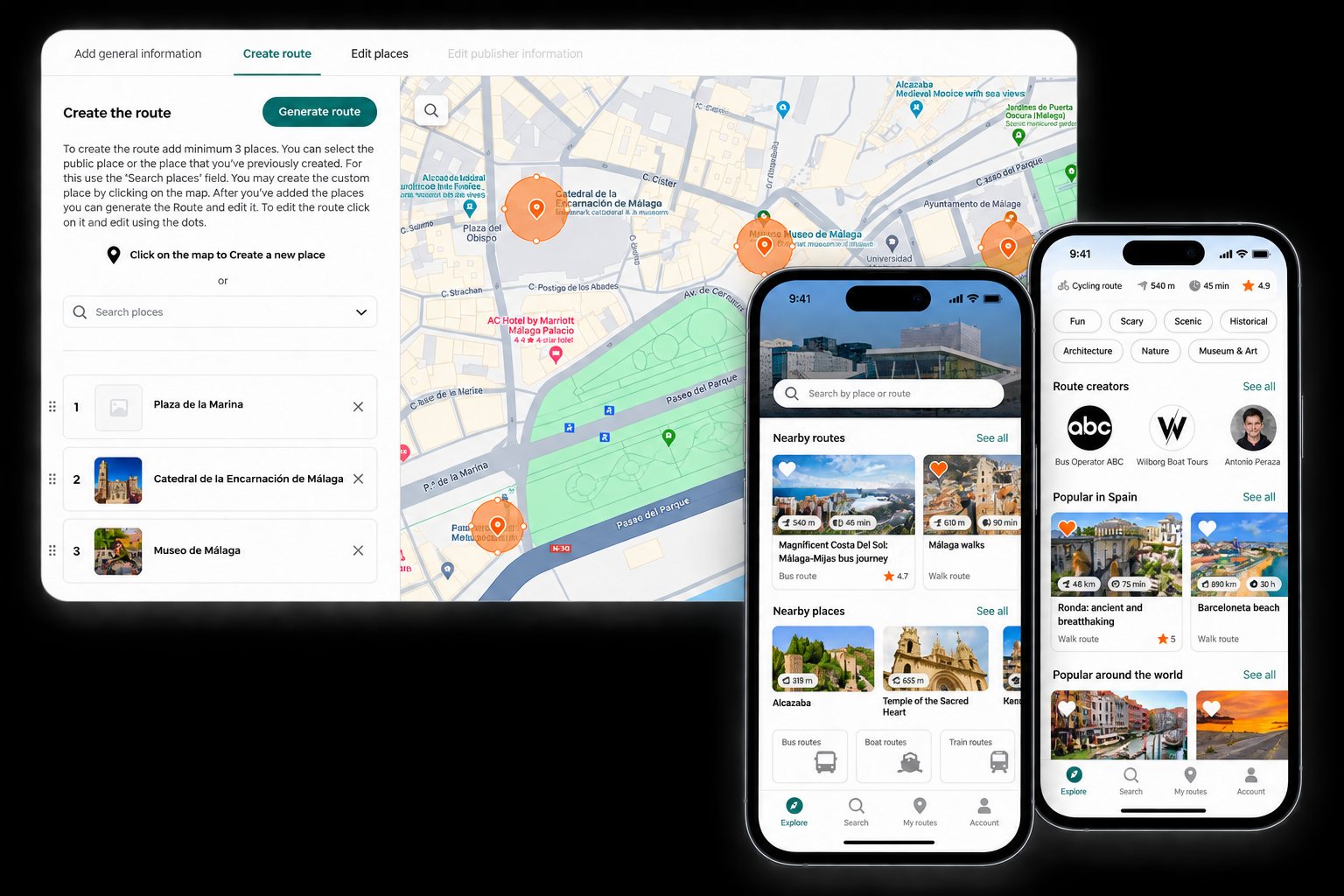 Roadspot route builder and mobile app showing routes and points of interest